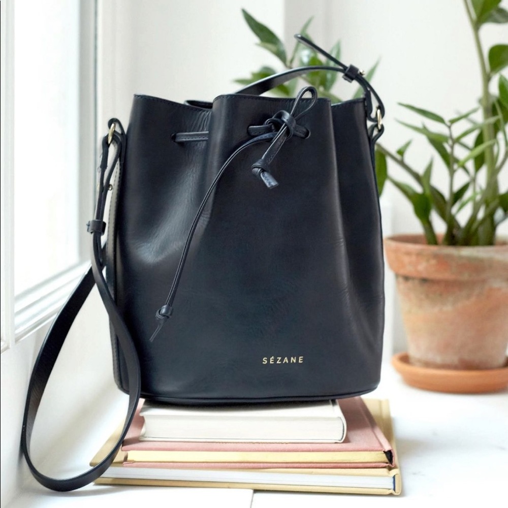 Sézane Navy Leather Drawstring Bucket Bag